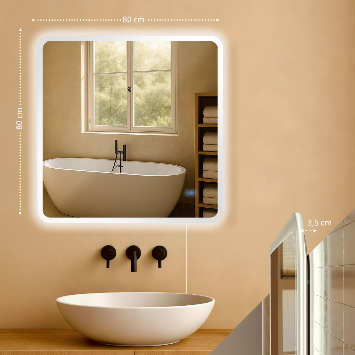 BADSPIEGEL Wien 80x80 ohne Bluetooth 80x3,5x80cm Glas Klarglas Badezimmerspiegel - Klar, Glas (80/80/3.5cm) - DELUKE
