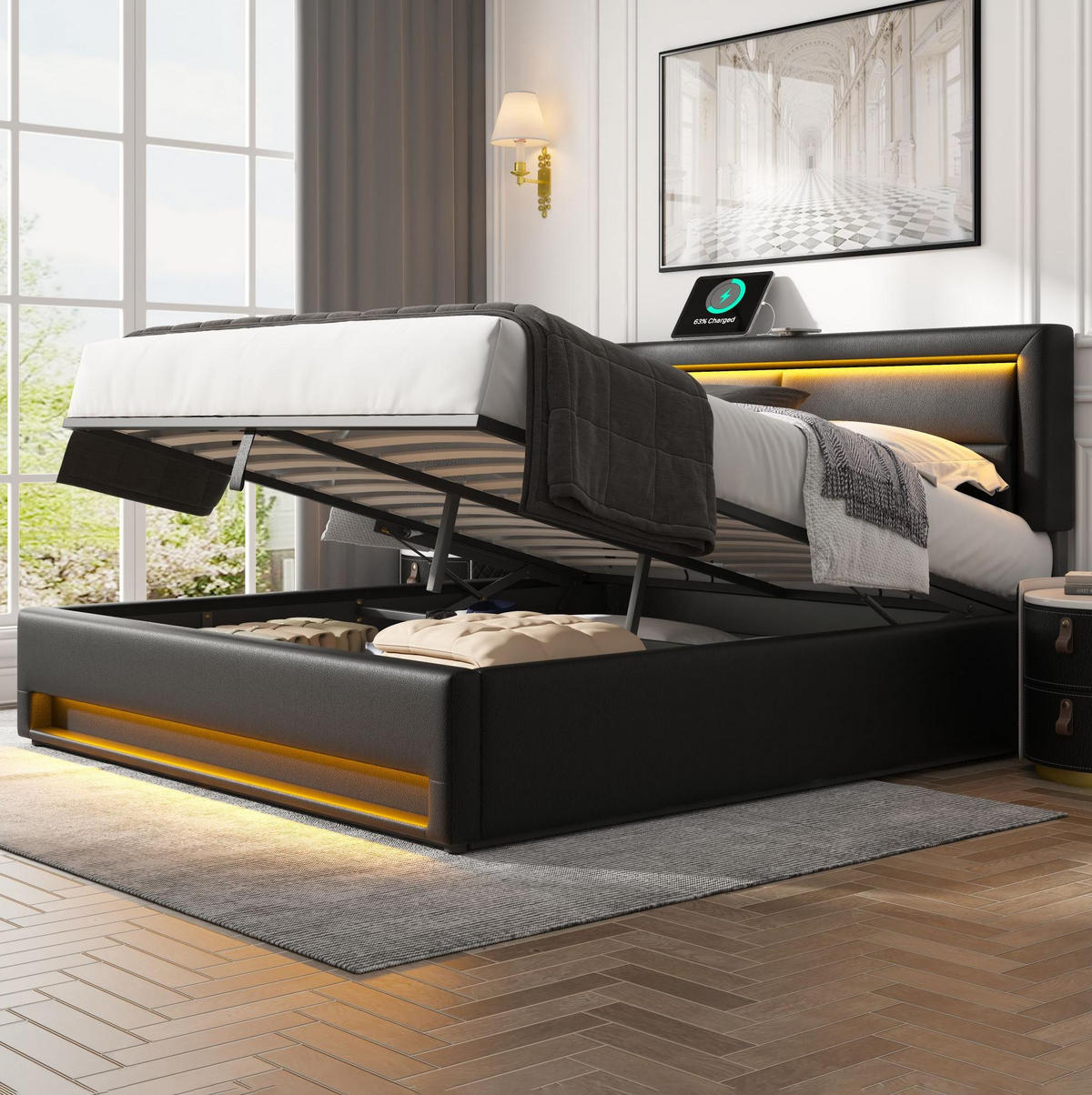 POLSTERBETT 140/200 cm mit USB-Ladefunktion, LED-Beleuchtung und Bettkasten, PU in Litschi-Optik, Schwarz - Schwarz, Kunststoff (140/200cm) - Redom