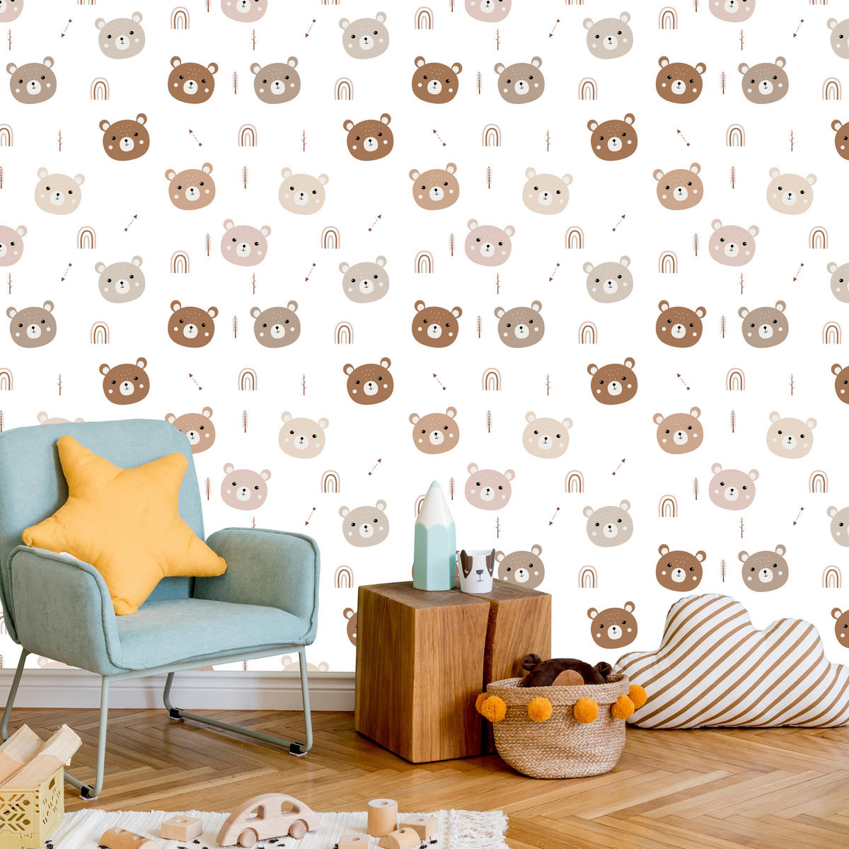VLIESTAPETE Bären und Regenbogen – Braun, Beige, Weiß – 50x1000 cm - Beige/Braun, Papier (50/1000cm) - Muralo