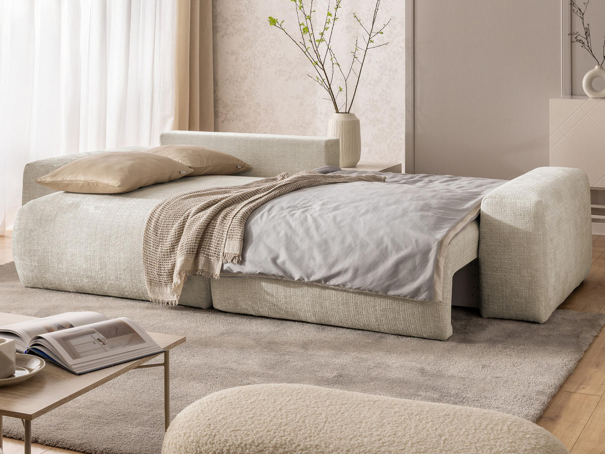 ECKSOFA Puffy mit Schlaffunktion und Bettkasten - besonders weich und puffig aus Beige Chenille-Stoff - Ottomane links - Beige/Creme, Holz/Kunststoff (138/266cm) - S-Style Möbel