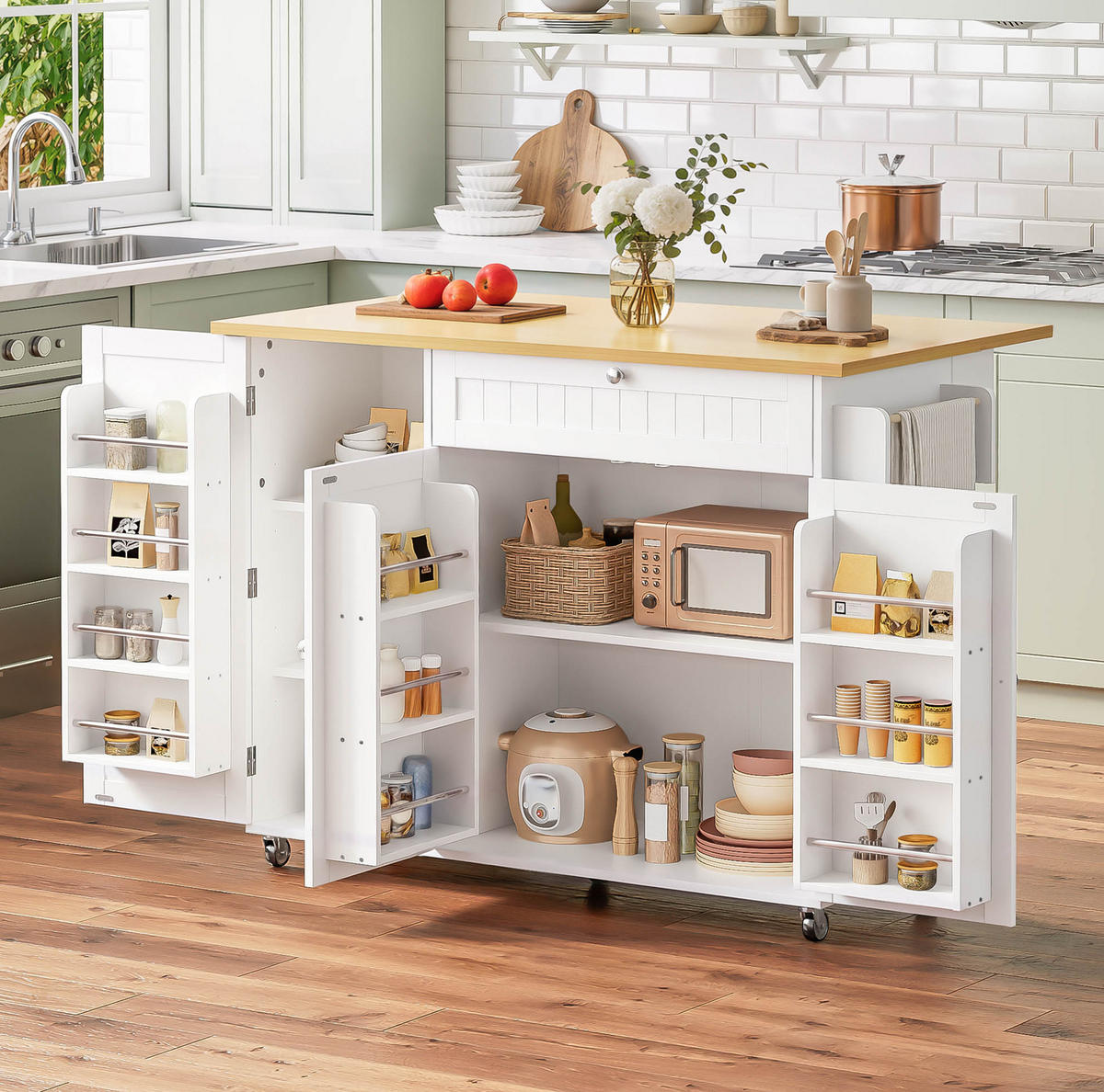 KÜCHENWAGEN mit Klappplatte, Schublade und Stauraum 120 x 70/45 x 92 cm Natural White - Naturfarben, Holz (70/92/120cm) - Beauniv