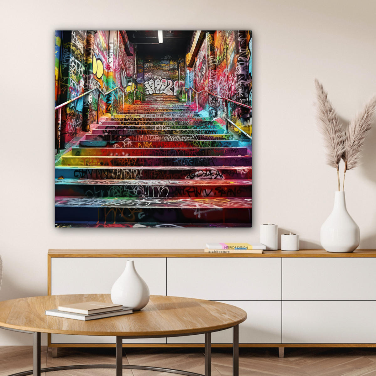 LEINWANDBILD Treppe - Graffiti - Farben - Kunst 90x90 cm - Multicolor, Textil (90/90cm) - MuchoWow