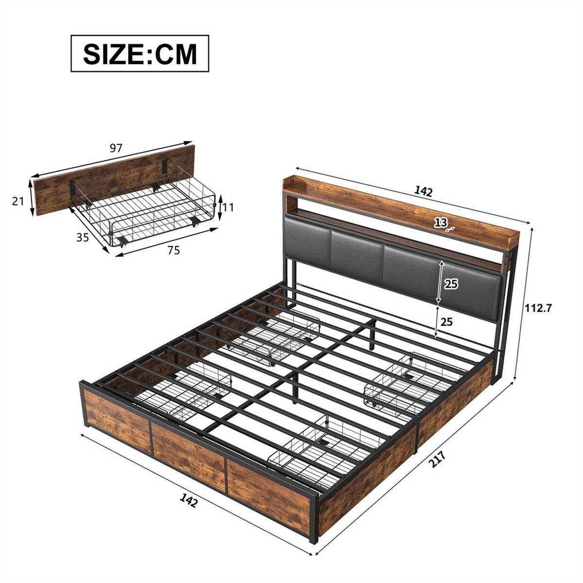 METALLBETT 140x200 cm - Kopfteil Regal & LED Beleuchtung - 4 Schubladen - ohne Matratze - Schwarz & Braun - Braun, Metall (140/200cm) - DELFA