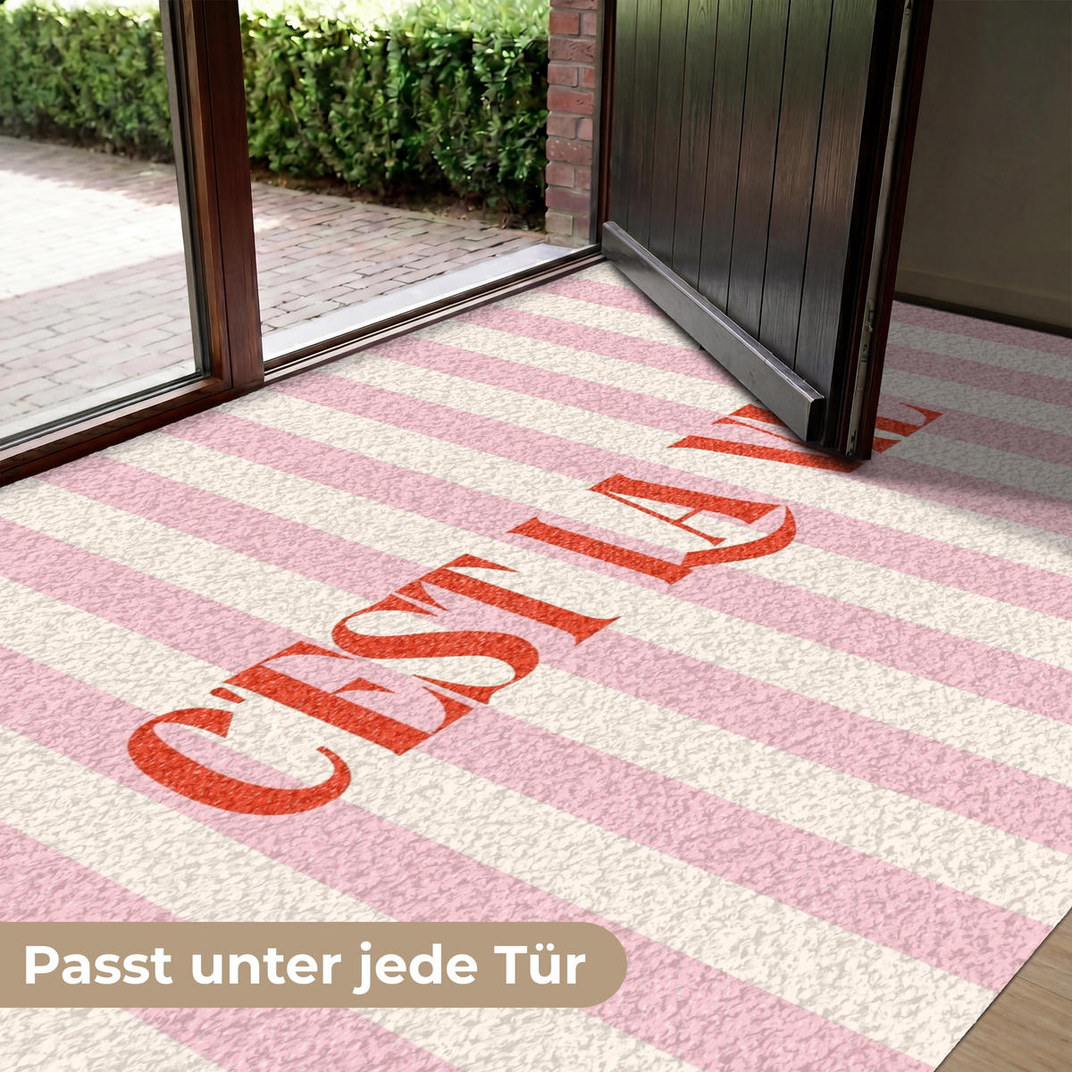 FUSSMATTE Zartrosa – Rot – Streifen – C'est La Vie 180x120 cm - Rosa, Kunststoff (180/0.4cm) - MuchoWow