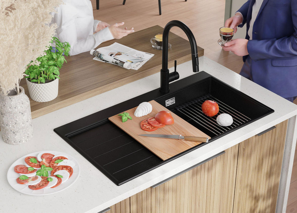 SPÜLBECKEN Sydney, 2-er set Schwarz 90/50 cm 1 Becken + Ablauf-Set + Küchenzubehörset ab 60er Unterschrank - Chromfarben/Beige, Kunststoff (90/20/50cm) - Primagran