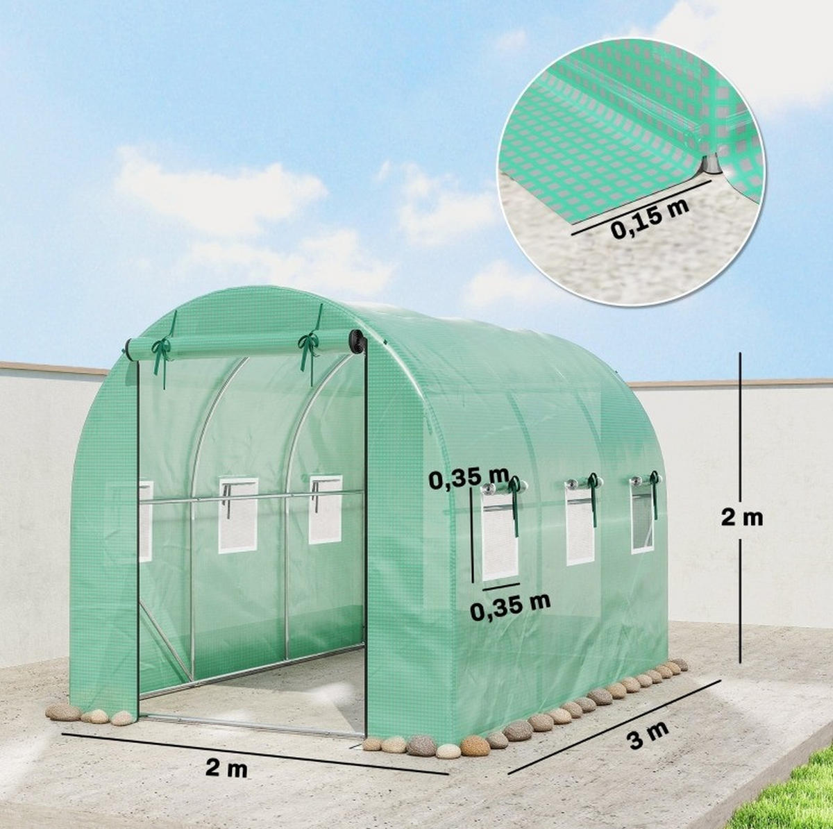 GEWÄCHSHAUS aus Polyethylen 200x300x200 cm in Grün mit 2 Türen & 6 Netzfenstern - Grün, Kunststoff (200/200/300cm) - Modfu