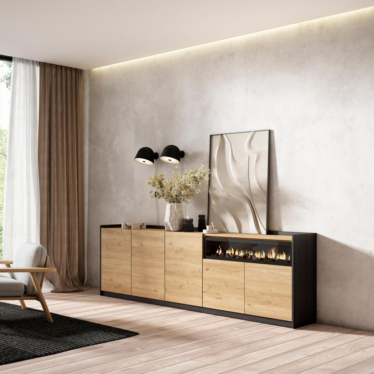 SIDEBOARD, Highboard, Eiche Schwarz, Elektrokamin, 260/37/80cm - Eichefarben, Holzwerkstoff (260/80/37cm) - Skraut Home