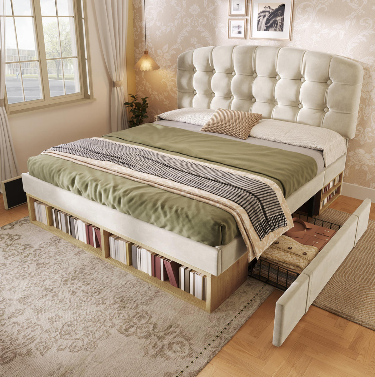 POLSTERBETT 140/200 cm Beige aus Samt mit Stauraum - Beige, Textil (140/200cm) - OKMYHOME