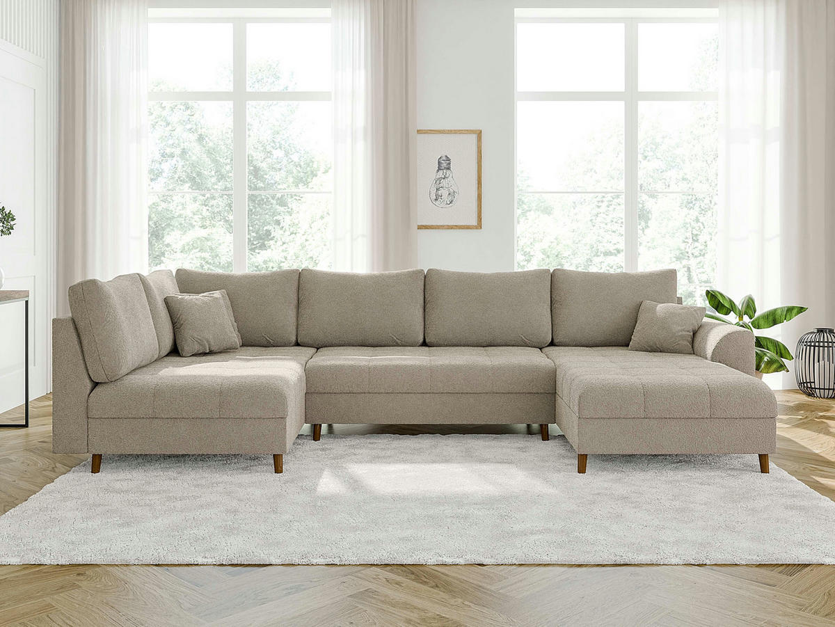 WOHNLANDSCHAFT inkl. Hocker Henrik Beige Boucle - Beige/Braun, Holz/Textil (310/81/161cm) - S-Style Möbel