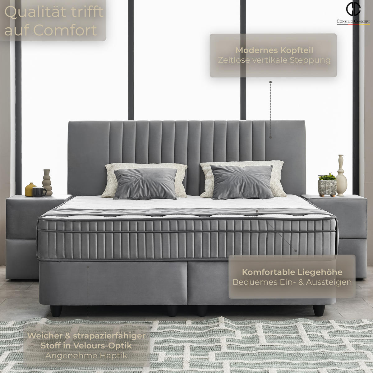 BOXSPRINGBETT MIT BETTKASTEN CARL 160/200 cm, Grau, Bettkasten, Matratze, Topper integriert, H3 mittel 7-Zonen Matratze - Schwarz/Grau, Holz/Kunststoff (160/200cm) - Consilio Concept