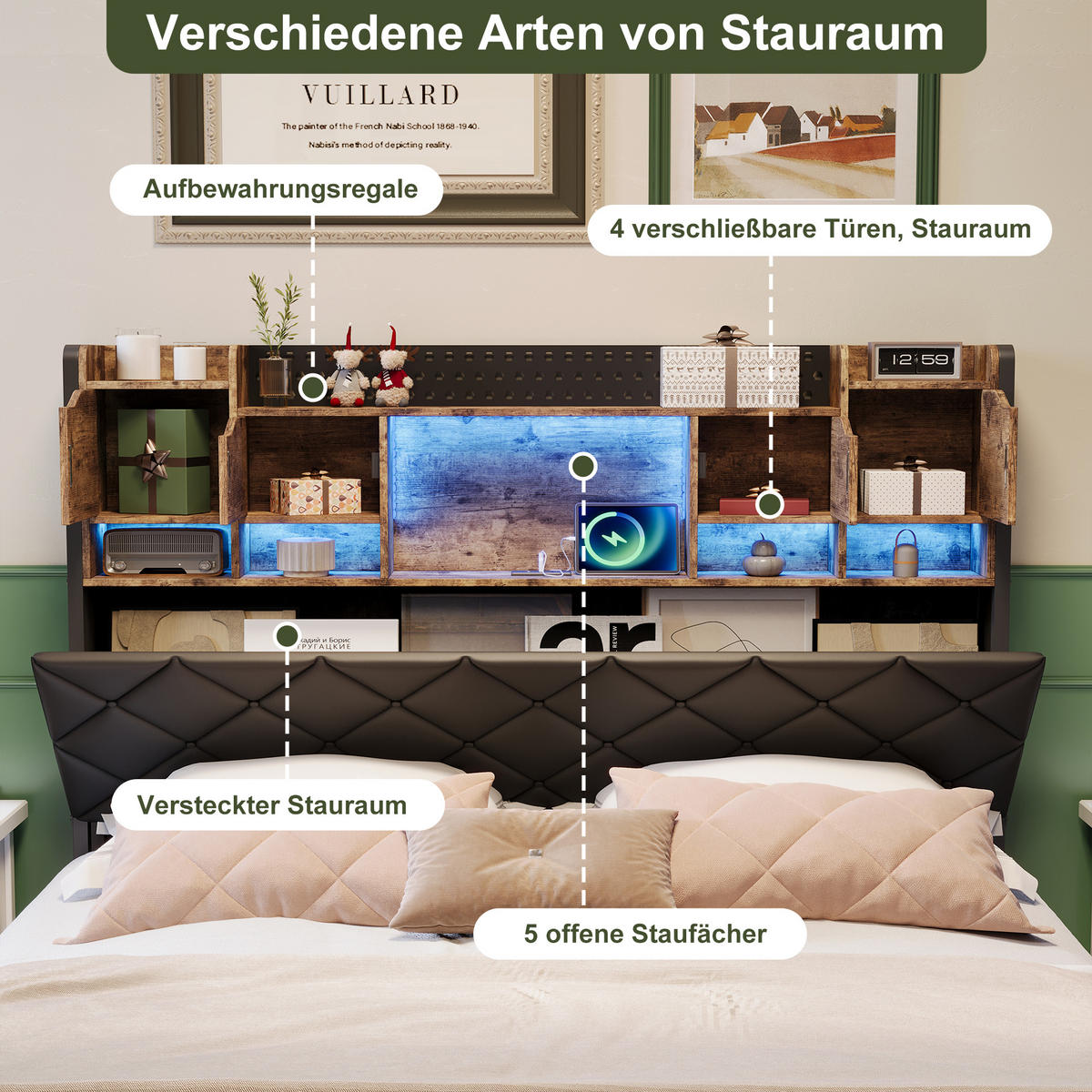 POLSTERBETT 160x200 cm LED USB Stauraum Lattenrost schwarz - Schwarz, Holz (160/200cm) - LEBENLANG