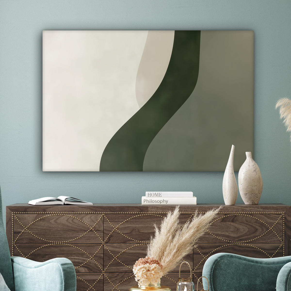 LEINWANDBILD Japandi - Grün - Abstrakt - Modern XXL 150x100 cm - Salbeigrün, Textil (150/100cm) - MuchoWow