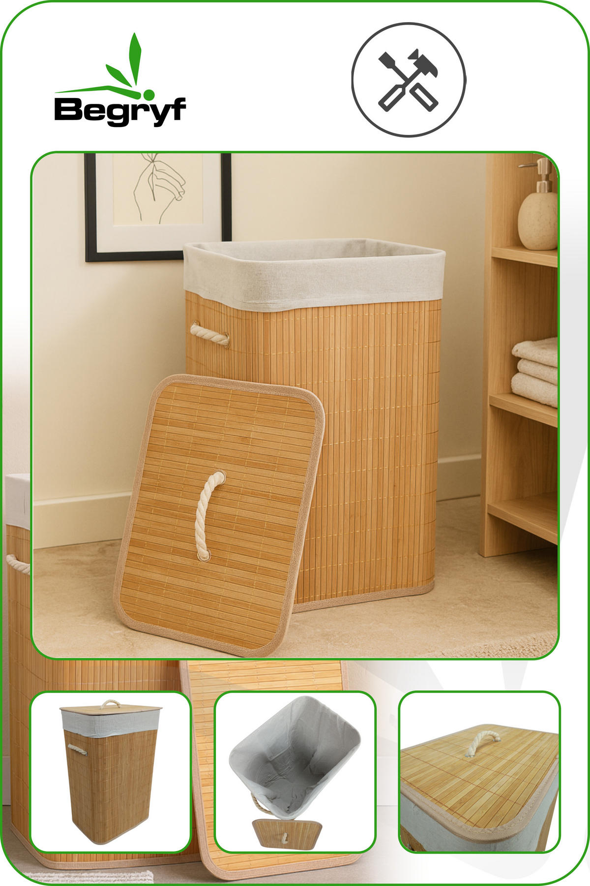 WÄSCHEKORB Bambus Stoff Naturfarben mit Deckel 40x30x60 cm - Naturfarben, Holz (40/60/30cm) - Begryf