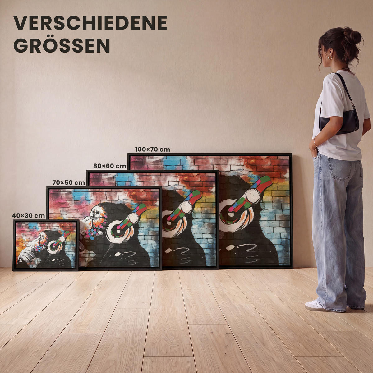LEINWAND Bilder mit Rahmen - Affe - Graffiti - Musik - 40x30 - Multicolor, Textil (40/30cm) - MuchoWow
