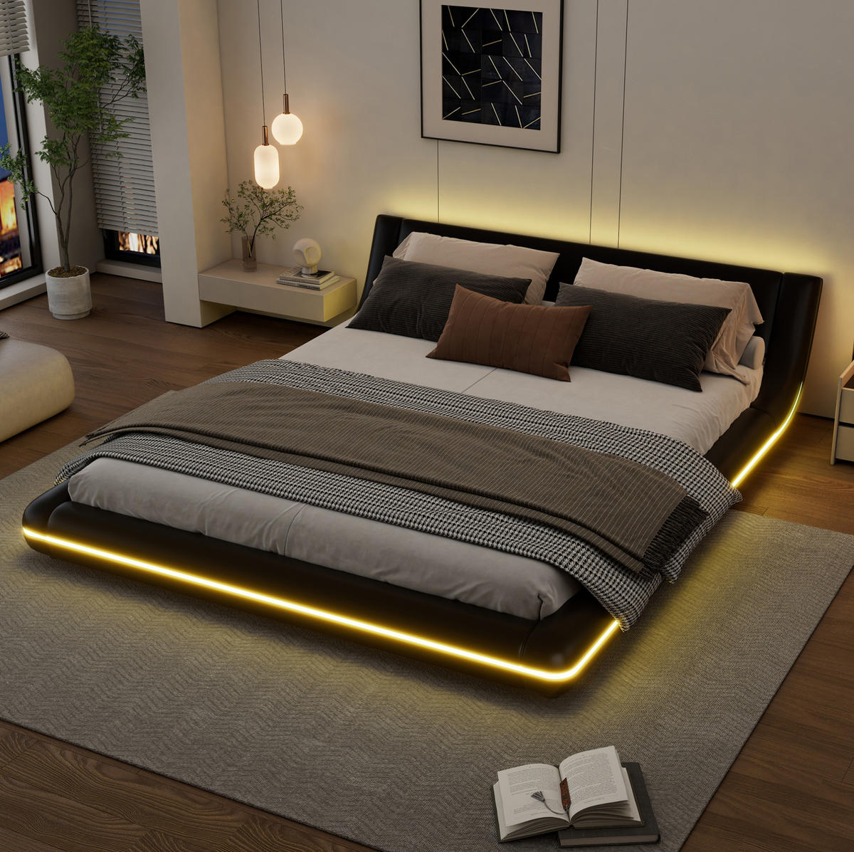 KREVET 160/200 cm s LED ambijentalnim osvjetljenjem i PU presvlakom, lako održavanje, Crna - crna, koža (160/200cm) - Redom
