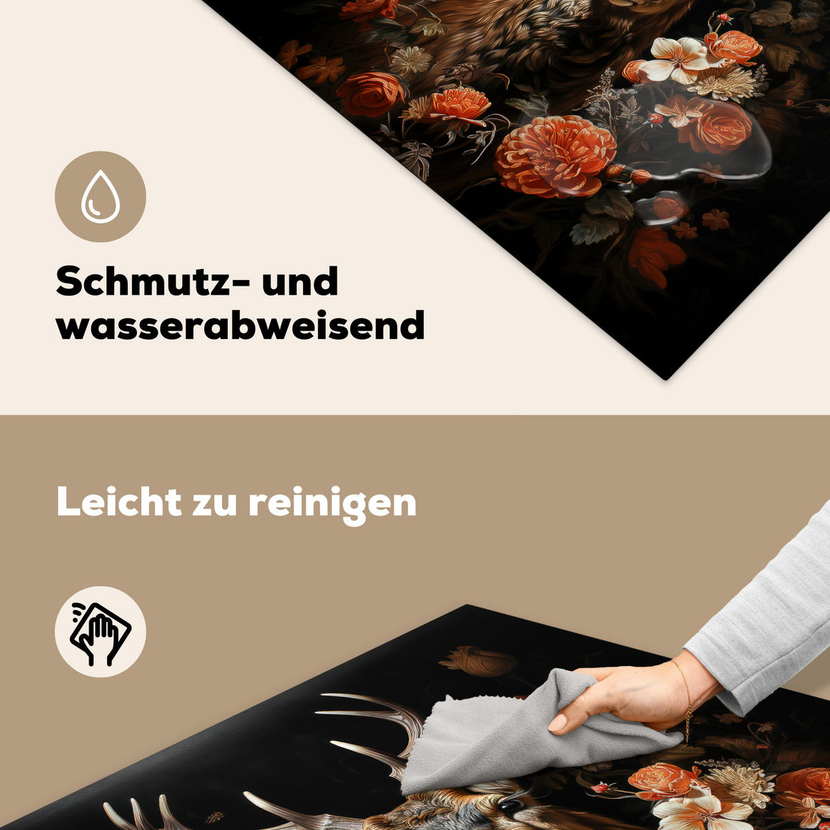 HERDABDECKPLATTE Hirsch - Tier - Blumen - Natur - Botanisch 78x78 cm - Kupferfarben, Kunststoff (78/0.2/78cm) - MuchoWow