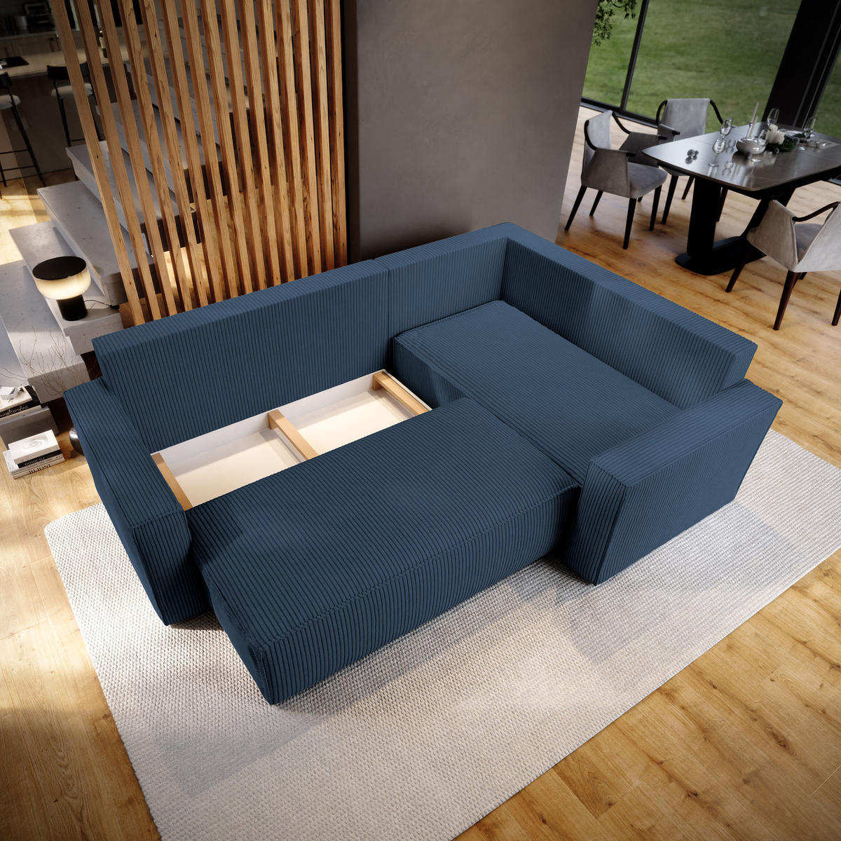 ECKSOFA ESTANO R-S Blau Kordstoff mit Schlaffunktion - Blau, Holz (230/158cm) - MASSENO