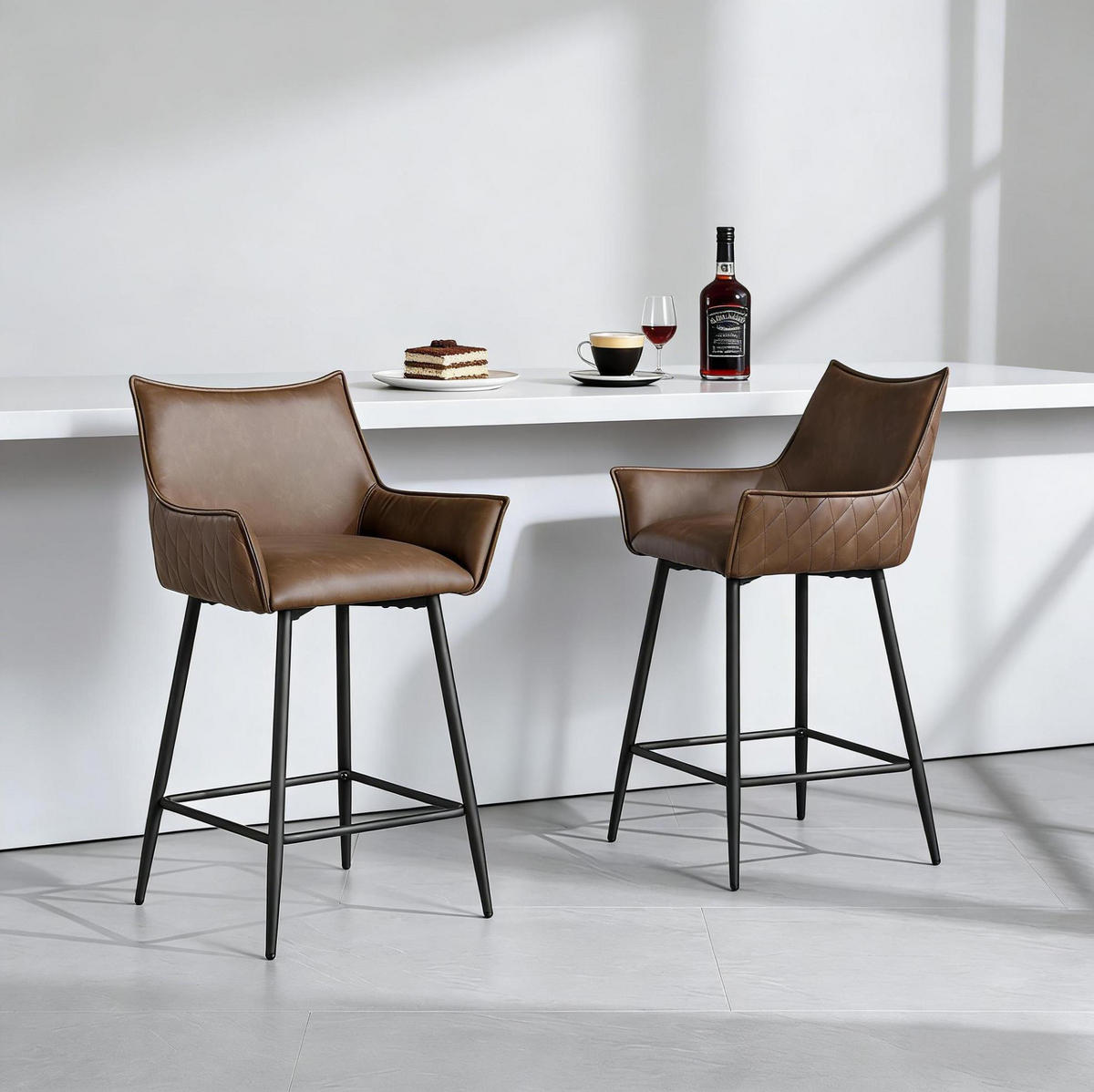 BARHOCKER 2er-Set mit Rückenlehne und Armlehnen, 62 cm Sitzhöhe, PU, Braun - Braun, Metall (49/90/51cm) - MIVRAY