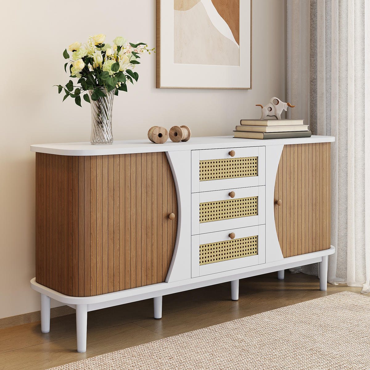 SIDEBOARD 140,5/40/76 cm mit 2 Türen & 3 Rattanschubladen in Weiß/Holzfarbe - Weiß, Holzwerkstoff (140.5/76/40cm) - BEAOK
