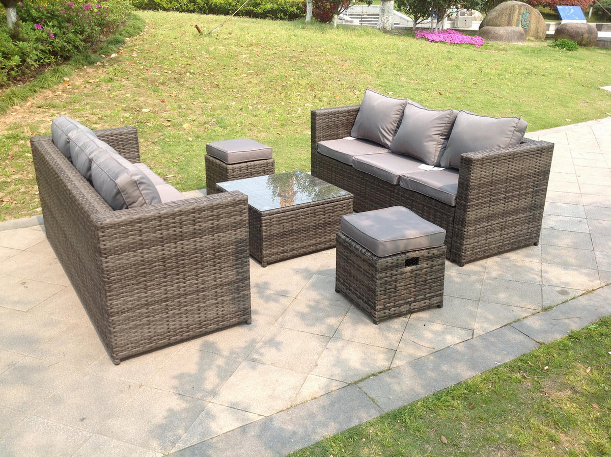 GARTENMÖBELSET mit Couchtisch Polyrattan 8-Sitzer - Dunkelgrau/Grau, Glas/Kunststoff - Fimous