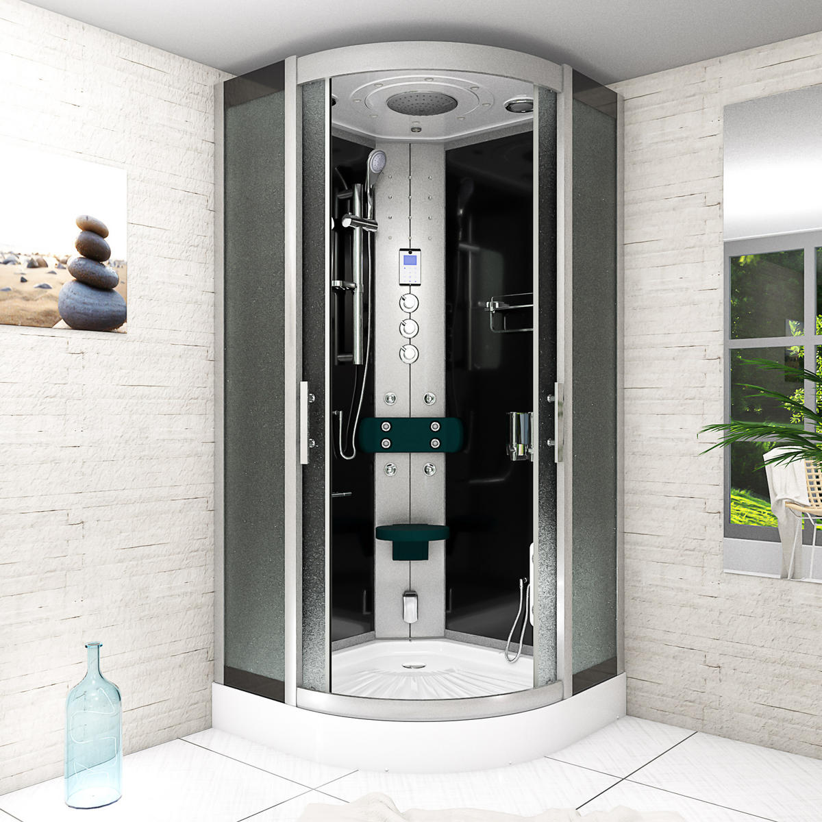 DUSCHKABINE Dusche D46-13M1-EC Schwarz 90x90 - Schwarz, Glas/Kunststoff (90/90/215cm) - AcquaVapore by Sandra Jentho