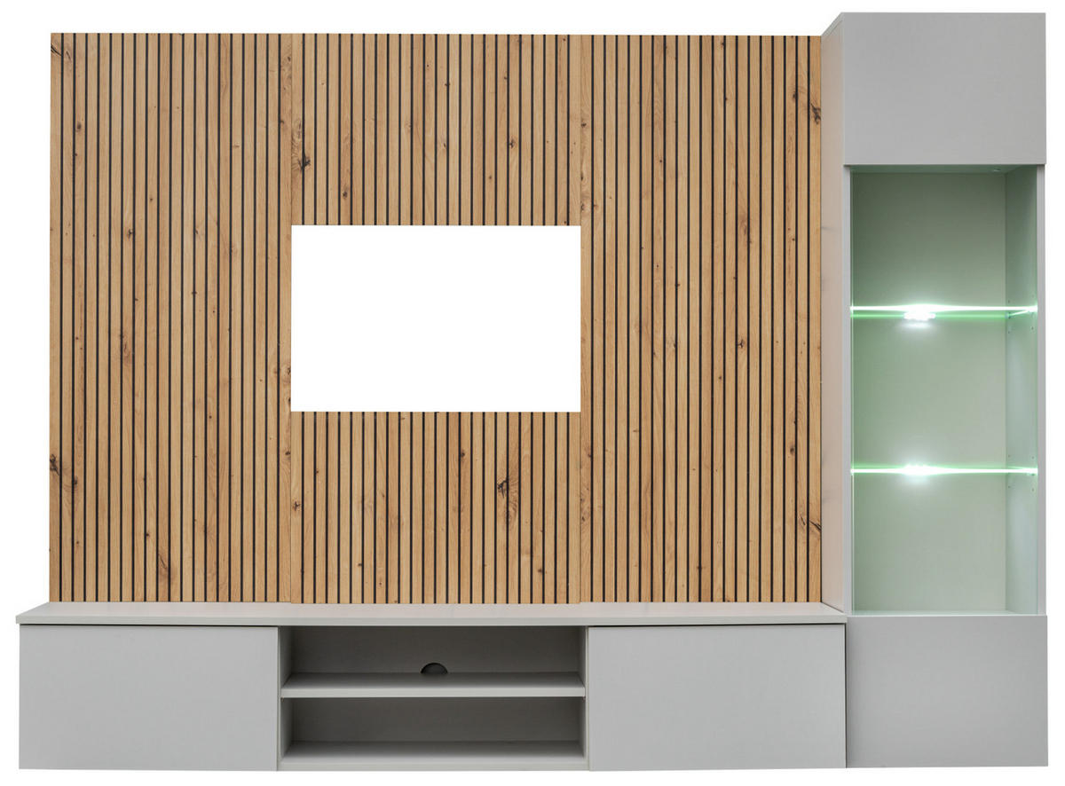 WOHNWAND hellgrau, Eiche Artisan 200 cm, Schrankwand inklusive Beleuchtung und Push-to-Open - Hellgrau/Eiche Artisan, Glas/Holzwerkstoff (200/148/35cm) - Inn.Furn