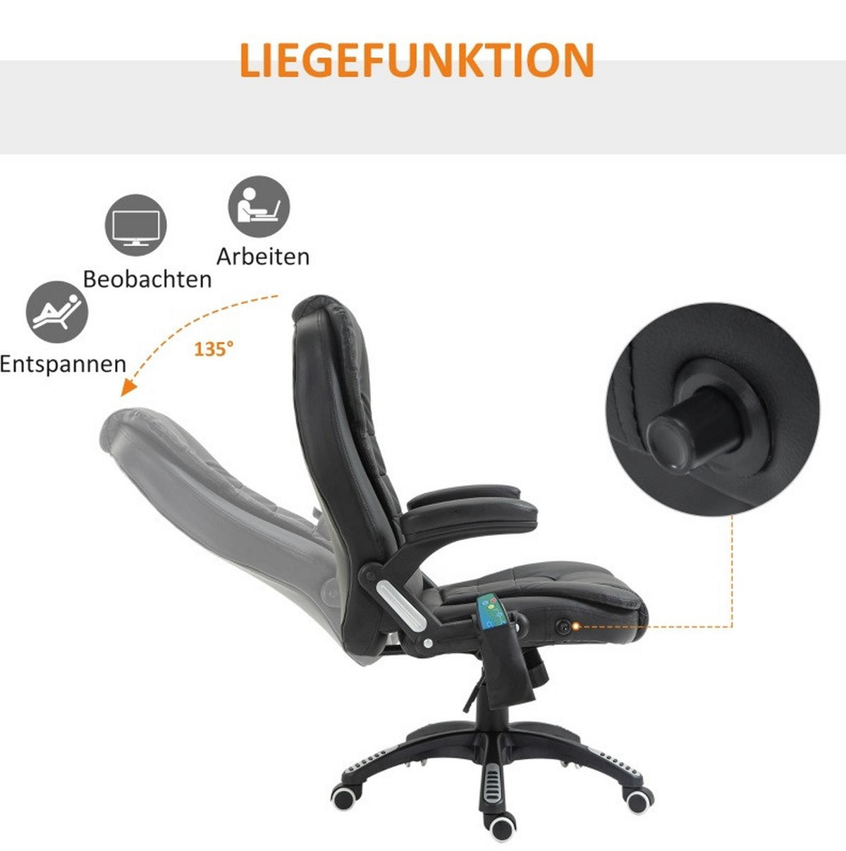 BÜROSTUHL mit Massagefunktion höhenverstellbar Kunstleder Black - Schwarz, Metall (70/121/70cm) - Meubliv