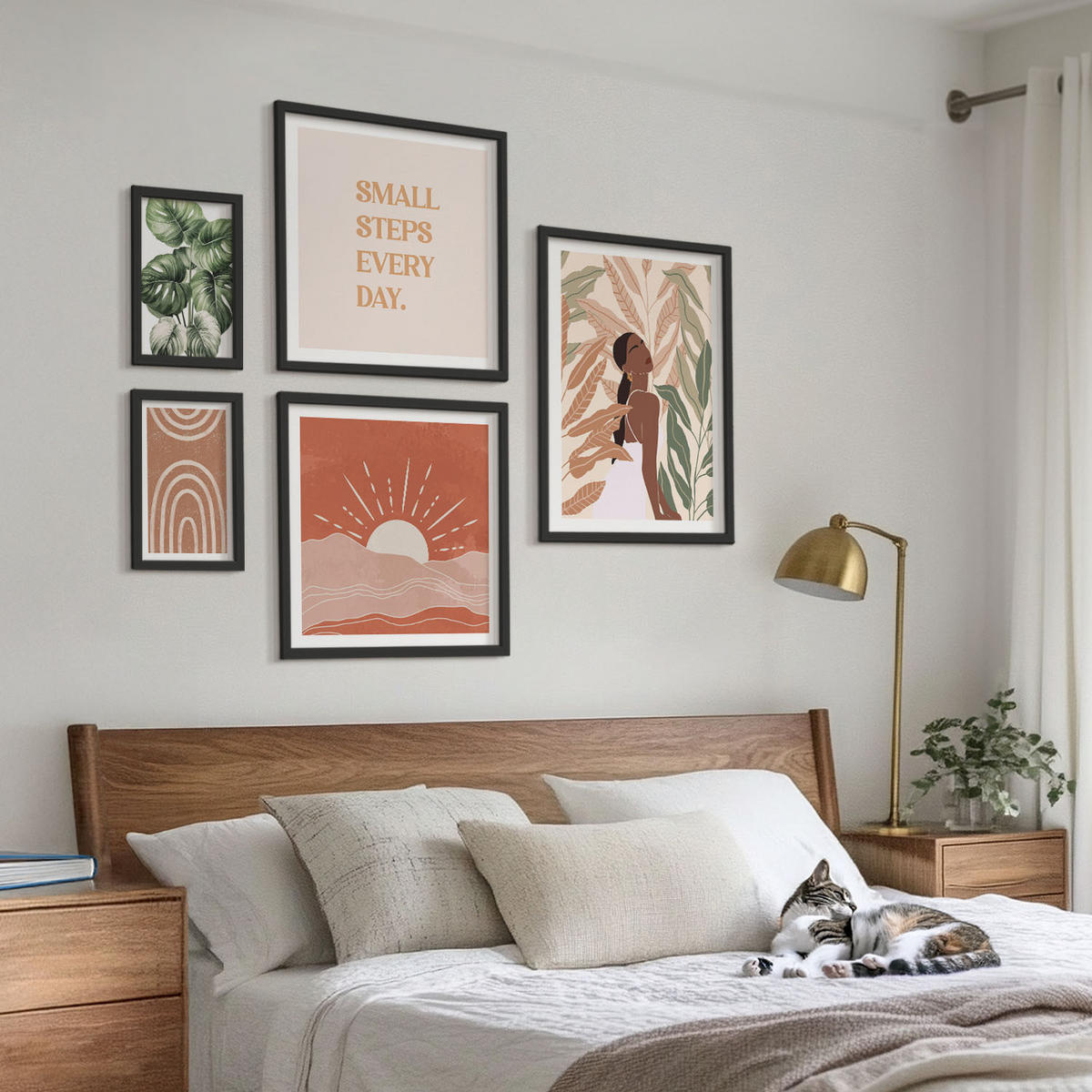 WANDBILDER 5er-Set - 50x50 cm & 20x30 cm & 40x60 cm Schwarzer Rahmen - abstrakte Formen im Boho-Stil - Schwarz, Kunststoff (40/60cm) - ArtPrintCave
