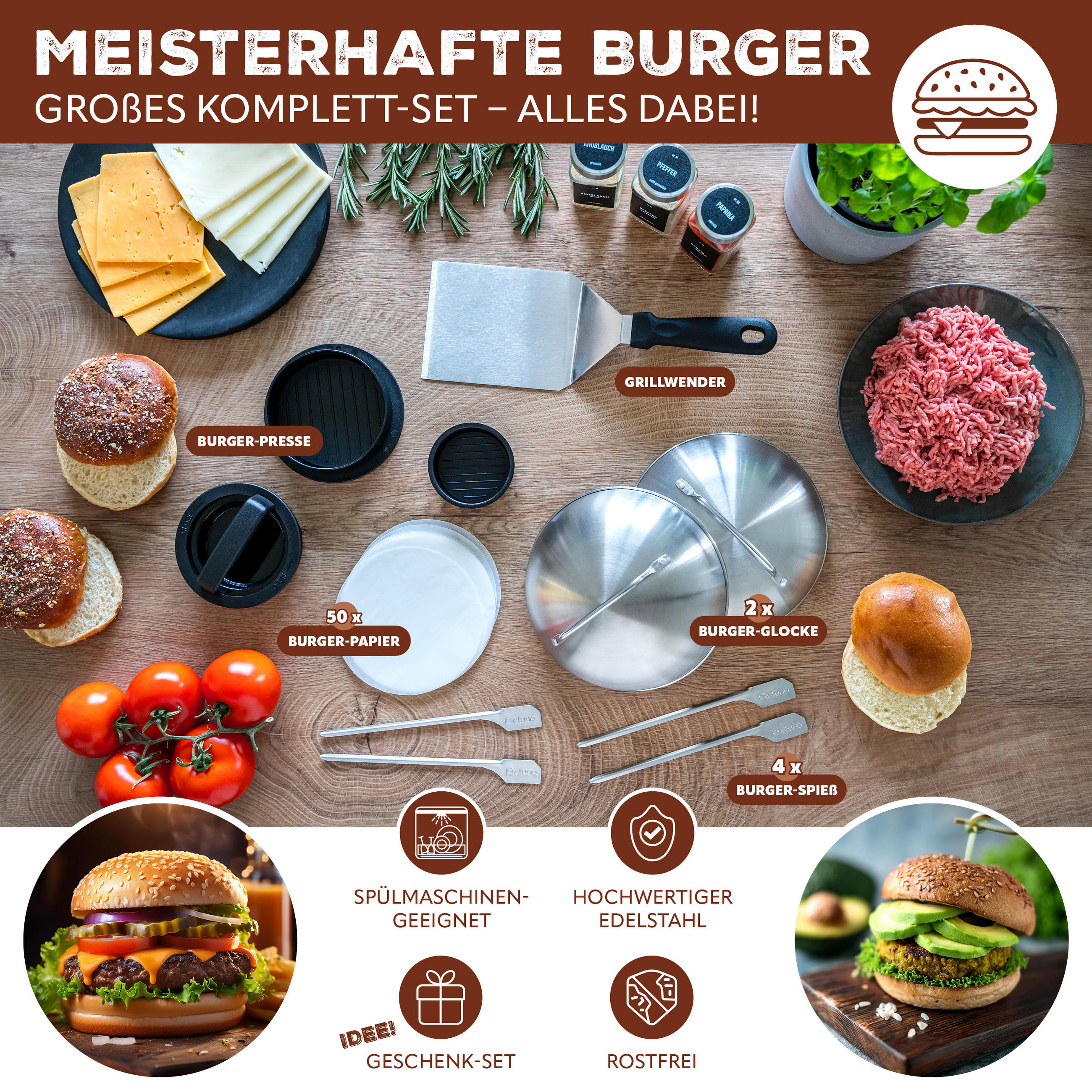 BURGER-SET 6tlg. - Edelstahlfarben, Metall (13/6/30cm) - eluno