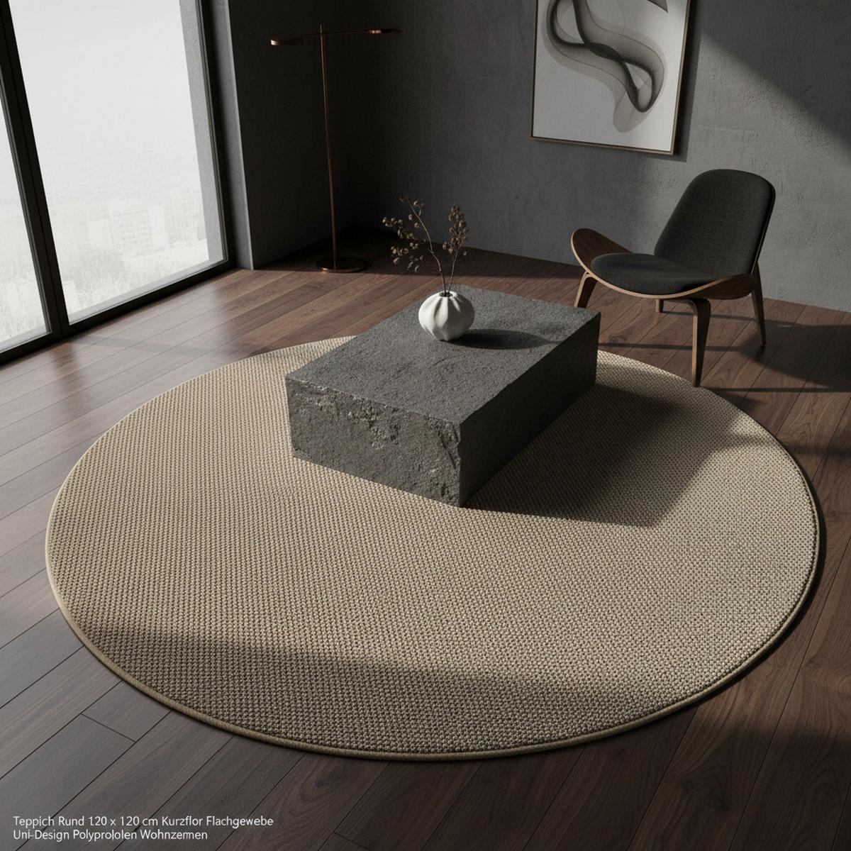 TEPPICH Kurzflor Flachgewebe Uni-Design Polypropylen Wohnzimmer Beige Rund 200x200 - Beige, Textil (200/200cm) - KADIMA DESIGN