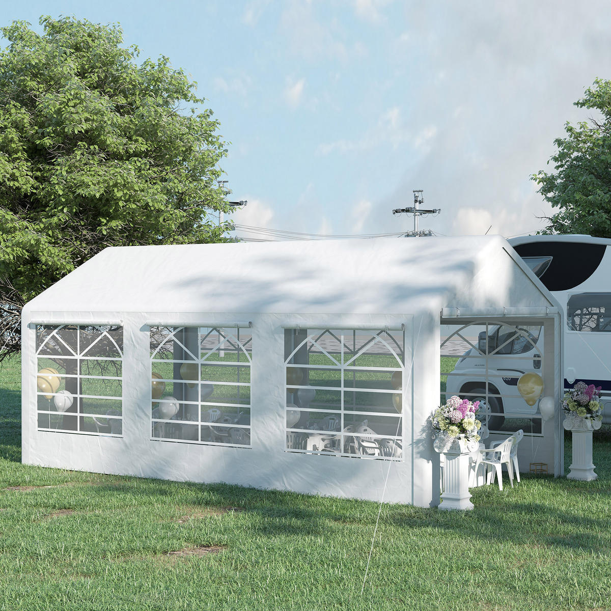 PAVILION DE-12635 600/300 cm mit 6 Fenstern und 4 Seitenwänden Weiß - Weiß, Kunststoff (300/280/600cm) - ComfortXL
