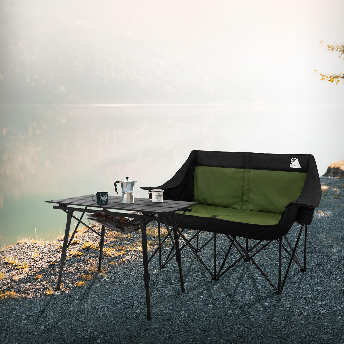 CAMPINGSTUHL 2-Sitzer Khaki faltbar mit Stahlgestell 54,5x145,92 cm - Grün, Textil (145/92/54.5cm) - ECD-Germany