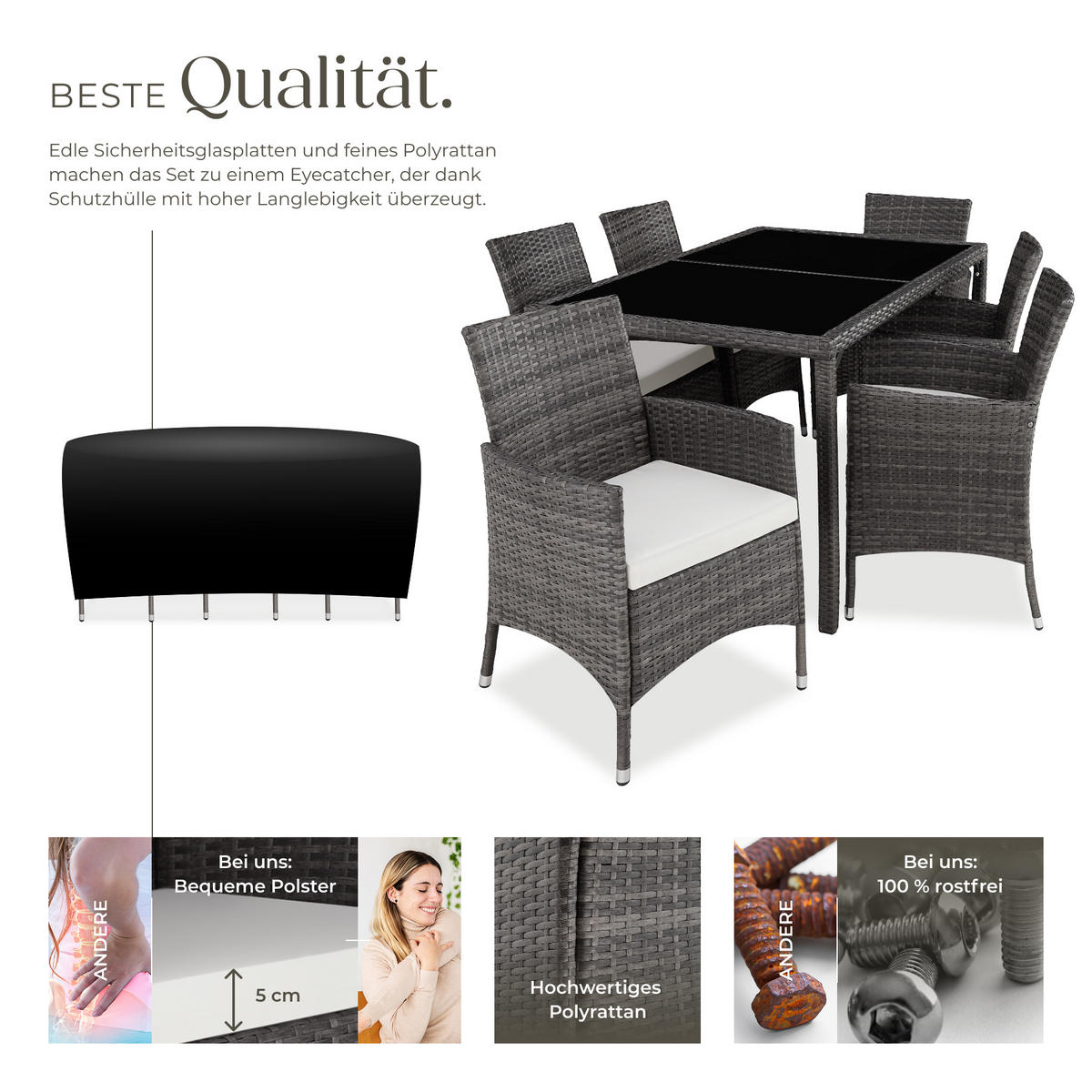 RATTAN SITZGRUPPE Porto,inklusive Schutzhülle,grau/weiß - Weiß/Grau, Kunststoff - tectake