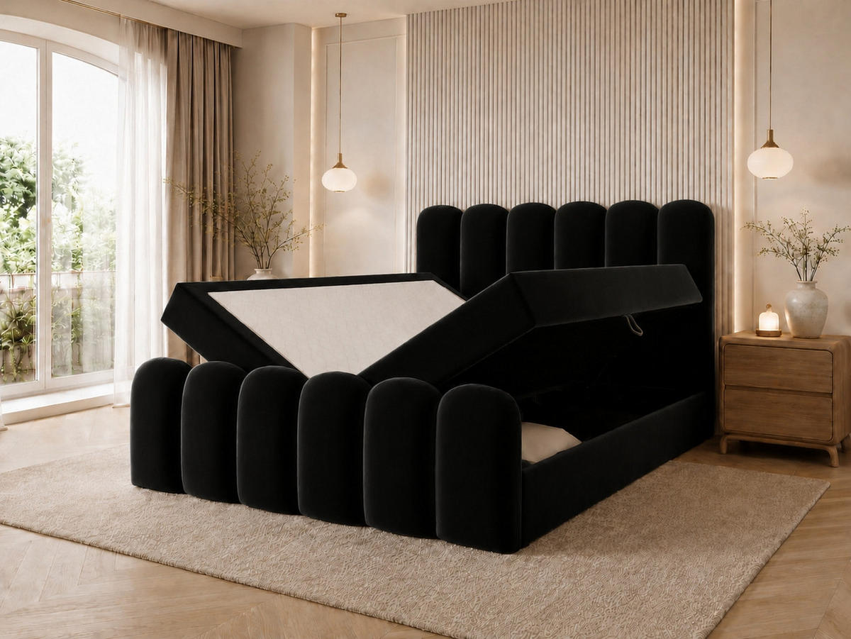 BOXBETT CUDDLE 120x200 cm in Schwarz, Bettkasten, Topper, Velvet-Stoff - Schwarz, Holz/Textil (120/200cm) - EMLAR Home