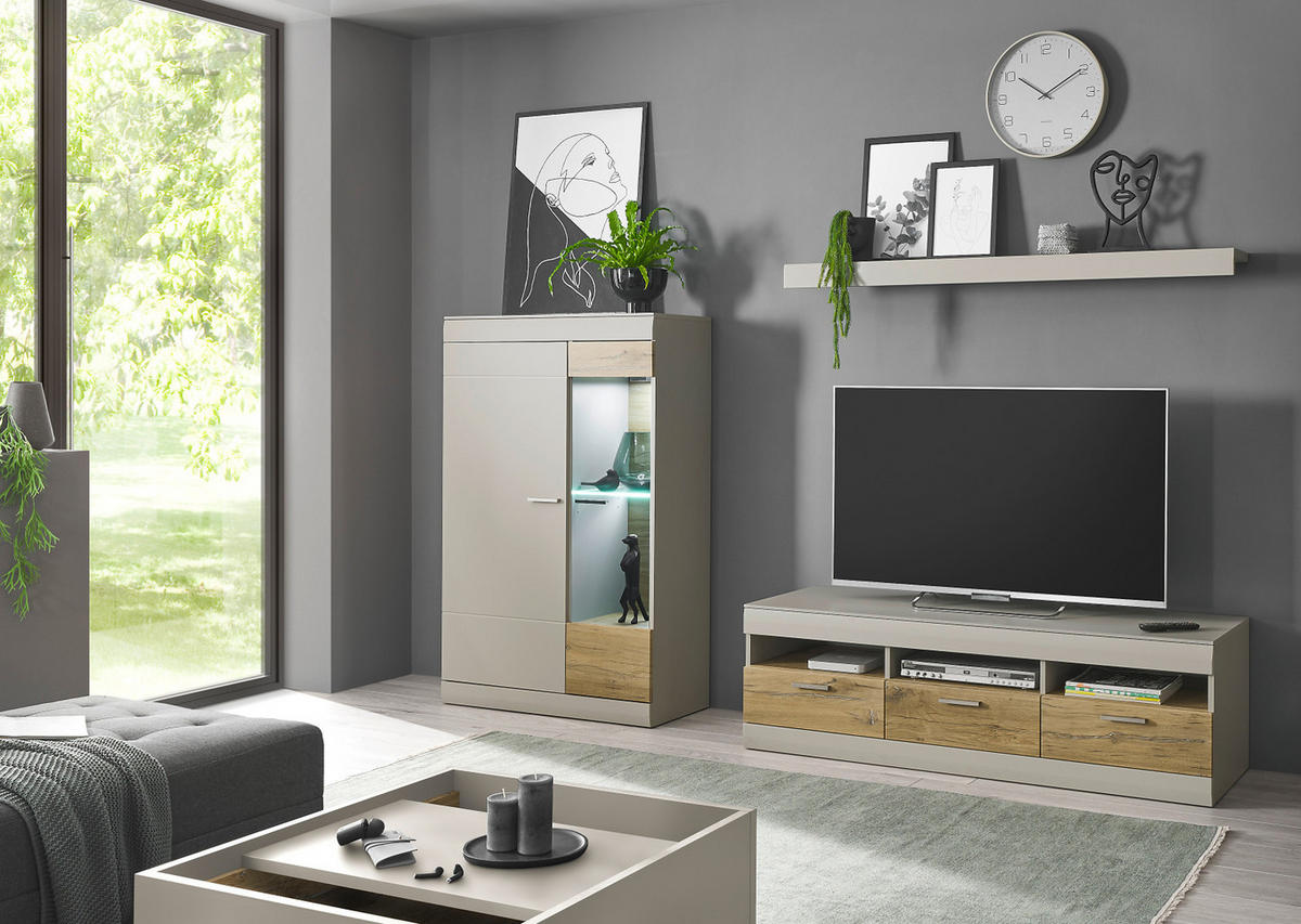 EX WOHNWAND grau matt, Zinneiche 3-teilig 250 cm, Komplettset mit Soft-Close - Eichefarben/Silberfarben, Glas/Holzwerkstoff (250/170/45cm) - Furn.Design