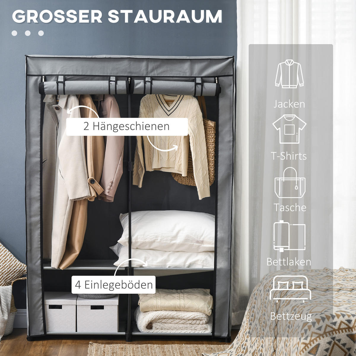 KLEIDERSCHRANK, Stoffschrank, Hellgrau - Hellgrau, Metall (49/170/118cm) - HOMCOM