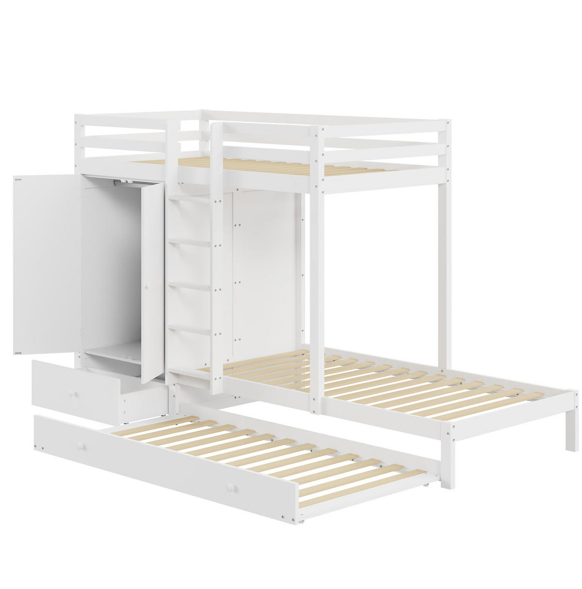 ETAGENBETT aus Holz 90x200 cm Weiß mit Ausziehbett, Kleiderschrank und Schubladen - Weiß, Holz (90/200cm) - IVMEU