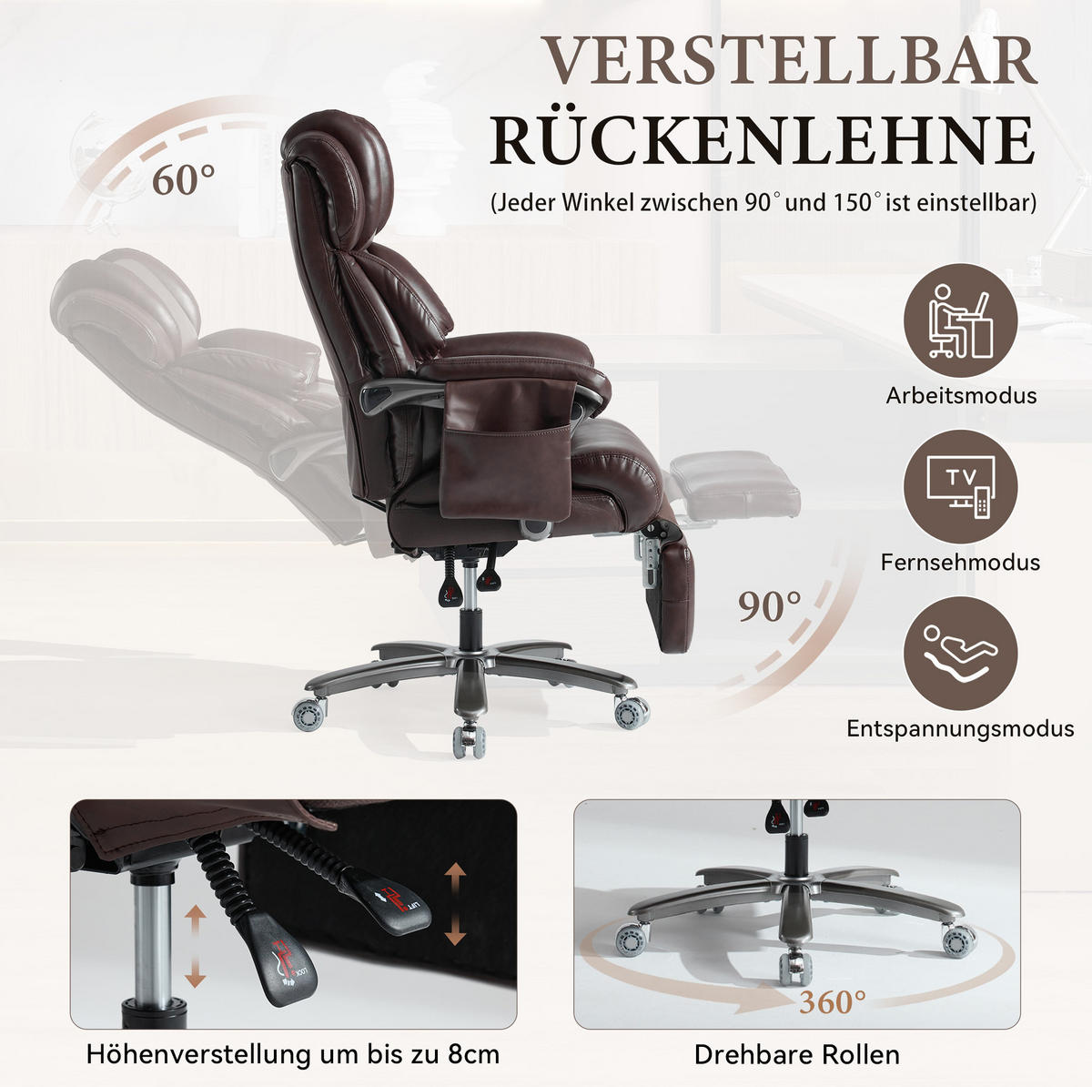 BÜROSTUHL mit Massage- und Heizfunktion PU-Leder Brown - Braun, Kunststoff (76.5/121.5/85.5cm) - Meubliv