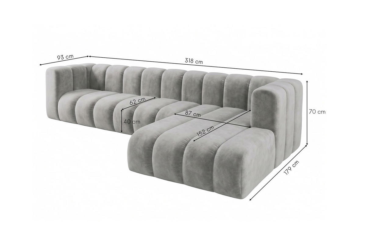 ECKSOFA Modulares In L-Form, Velvet-Stoff Riviera, Grau, Rechts, GRAND 318 cm - Grau, Holz (318/179cm) - Kaiser Möbel