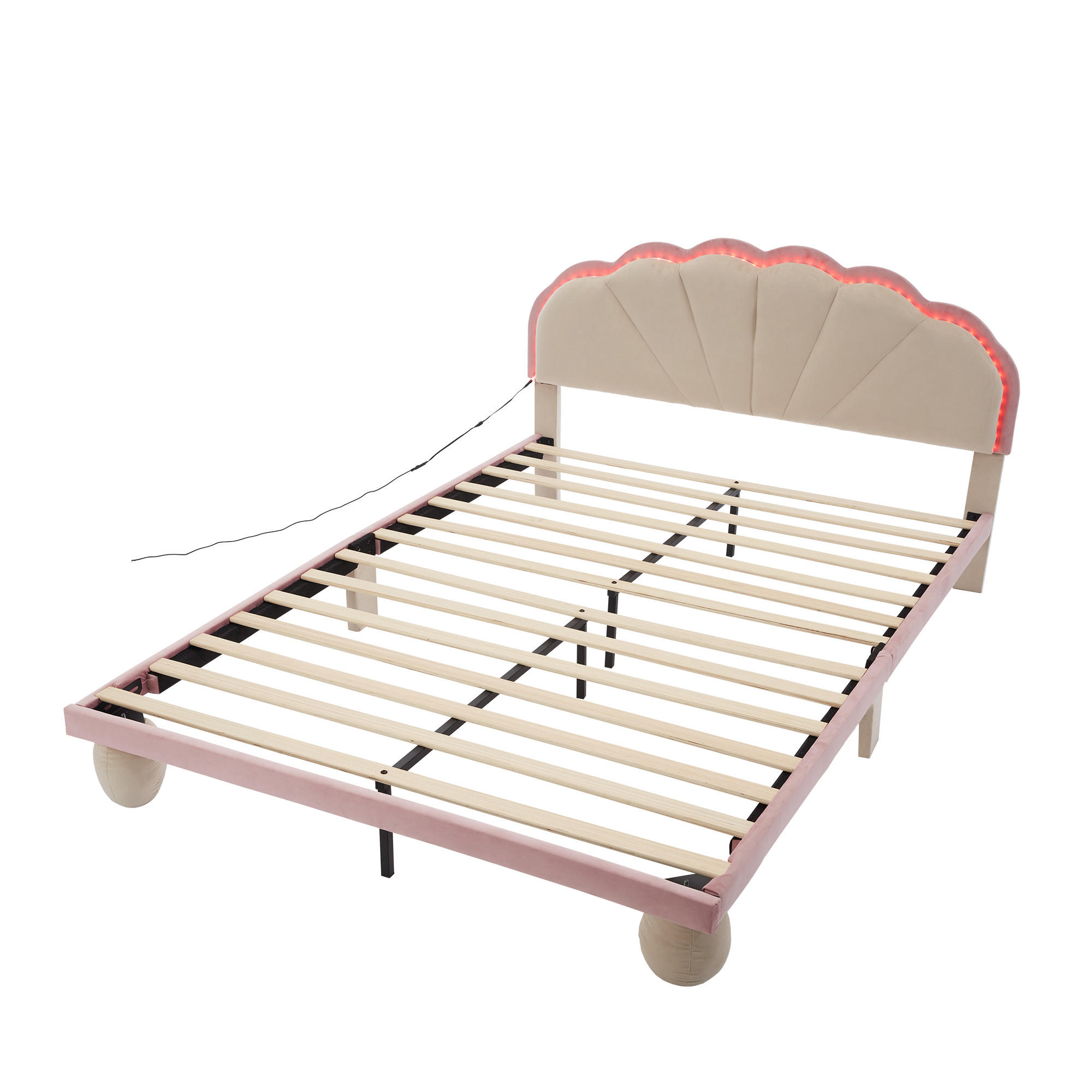 POLSTERBETT 140/200 cm DE-04351, mit LED-Lichtstreifen, Wellenschliff-Kopfteil und Samtbezug, in Beige - Beige, Holzwerkstoff/Metall (140/200cm) - ComfortXL