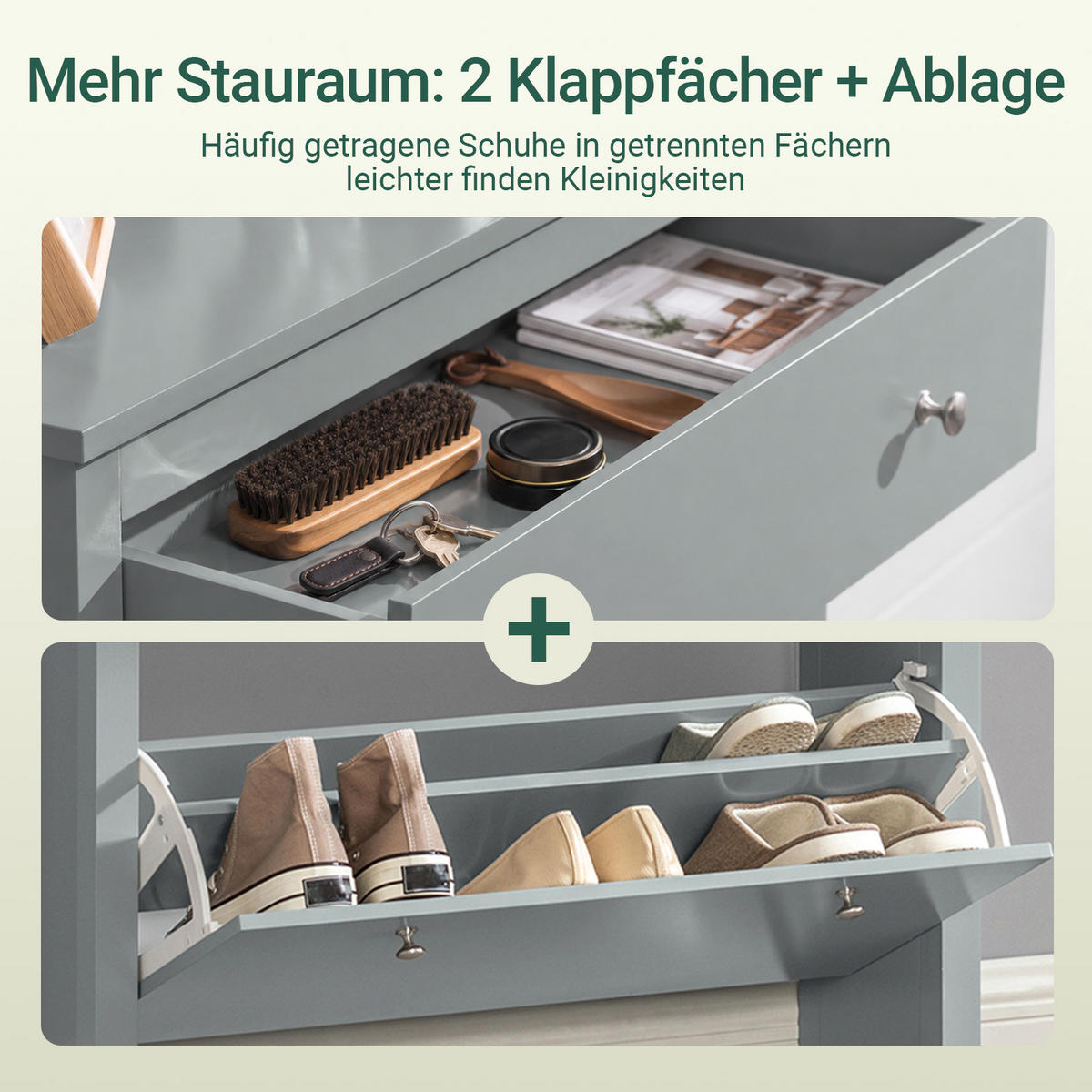 SCHUHSCHRANK Grau, 80 x 108 x 25 cm, mit Schublade und 2 Klappen für bis zu 12 Paar, schmal für den Flur - Grau, Holzwerkstoff (80/108/25cm) - SoBuy