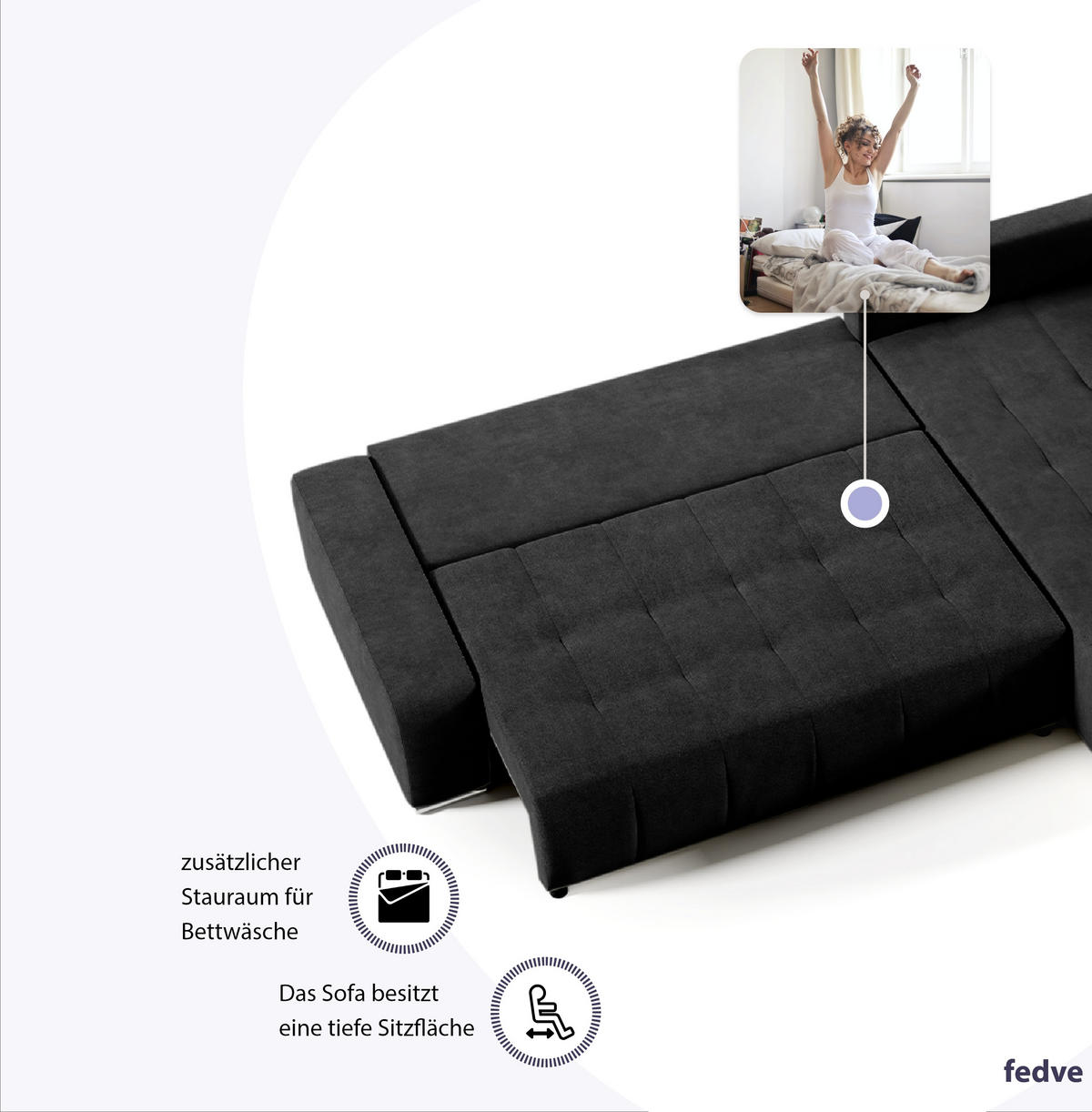 ECKSOFA mit Schlaffunktion Dhaka L, Schwarz - Schwarz, Textil (185/265cm) - Fedve