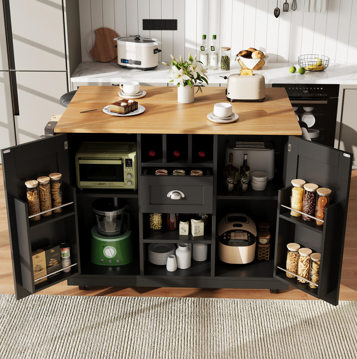 KÜCHENINSEL 140/93,5/40 cm Schwarz aus MDF und Metall mit klappbaren Seitenwänden - Schwarz, Holzwerkstoff (40/93.5/140cm) - OKMYHOME