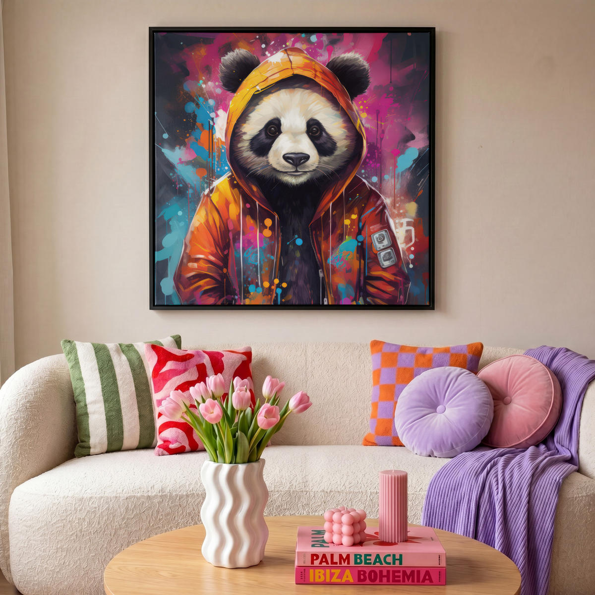 LEINWAND Bilder mit Rahmen - Panda - Jacke - Graffiti - Orange - 90x90 - Orange, Textil (90/90cm) - MuchoWow