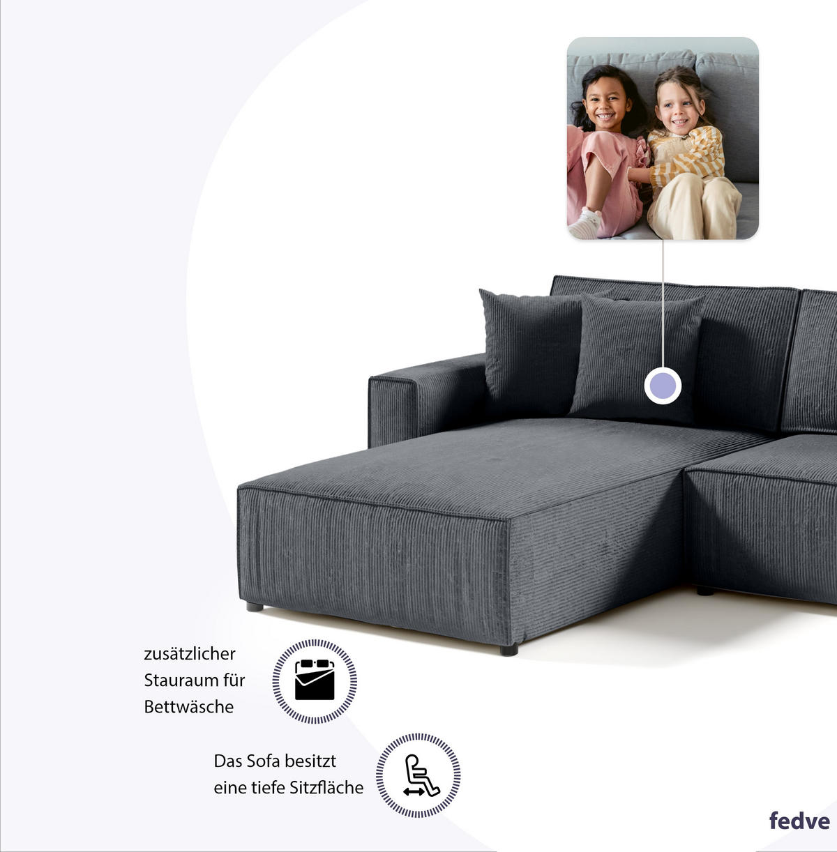 ECKSOFA Couch Sofagarnitur Sekwana L-form Anthrazit - Anthrazit, Naturmaterialien (294/185cm) - Fedve