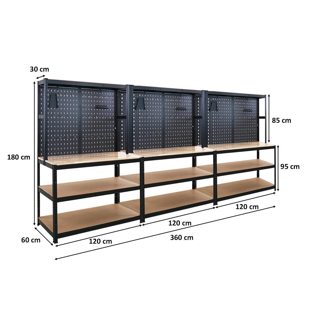WERKBANK Giant Beast 3er-Set mit Lochwand180x120x60cm Fachlast 175kg inkl. Werkzeughalter Set Schwarz - Schwarz, Metall (240/180/60cm) - PROREGAL