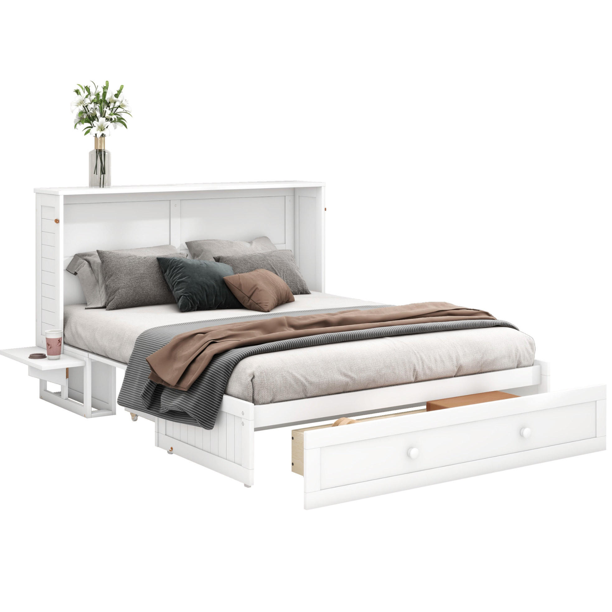BETT 140/200 cm Weiß aus Kiefernholz und MDF mit Schublade und Regalen - Weiß, Holz (140/200cm) - OKMYHOME