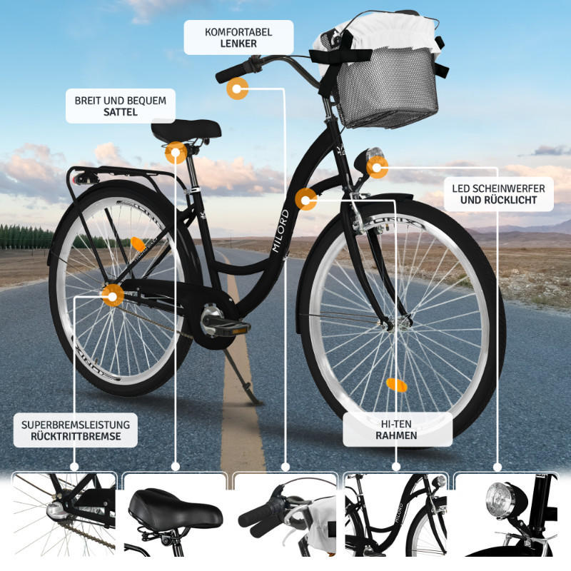 CITY-FAHRRAD Milord mit Metallkorb, 26 Zoll, Schwarz, 3-Gang - Schwarz, Metall (46cm) - Milordbikes
