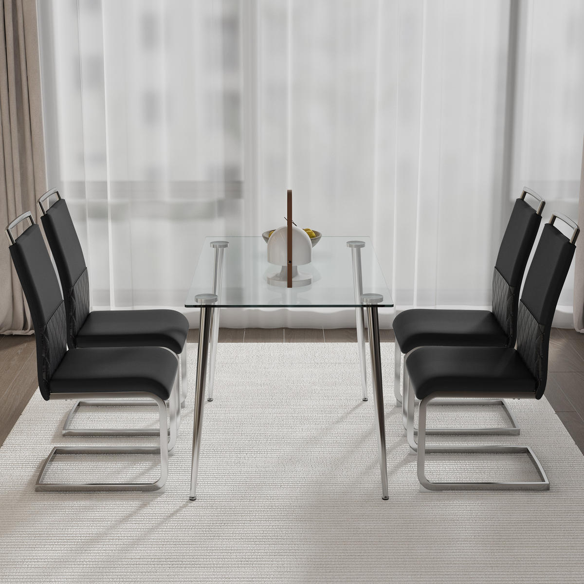 STUHL 4er Set mit ergonomischer Rückenlehne, Kunstleder & Leinen Bezug, 7 cm dicker Sitzpolsterung und Fußpolstern im modernen Design, schwarz - Schwarz, Metall (48/95/42cm) - Luhomfu