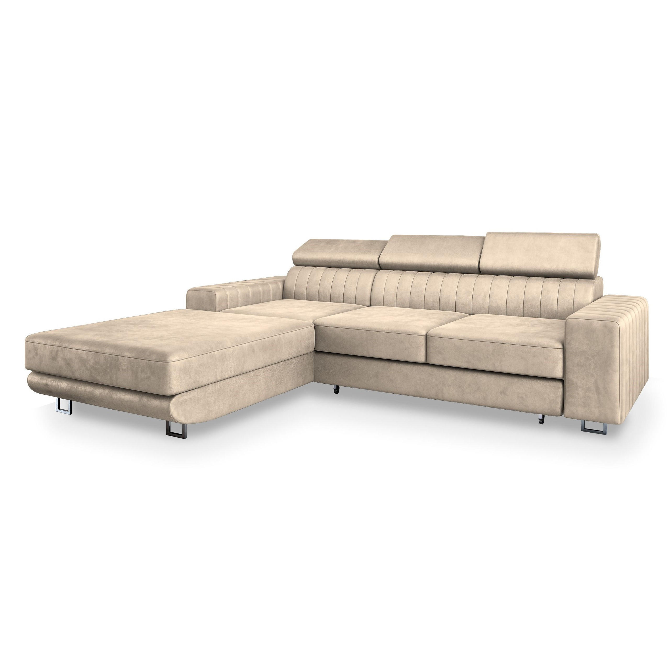 ECKSOFA NOTO L-S Creme Velours-Stoff mit Schlaffunktion - Creme, Holz (267/190cm) - MASSENO